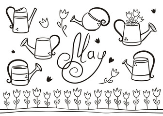 Set of hand drawn May elements isolated on white background. Spring icons in doodle style. Garden watering cans, tulips, a garden bed and the handwritten name May. Vector illustration © JuliPaper