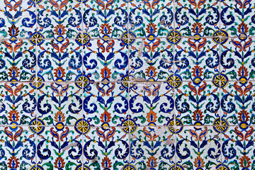 Ancient Iznik tiles on the walls of historical Topkapi Palace in Istanbul, Turkey