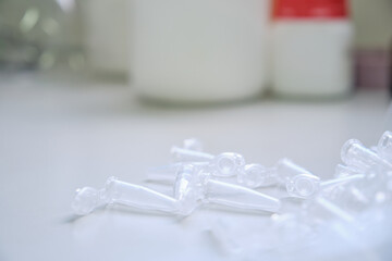 Laboratory eppendorf tubes on a table. Laboratory material.