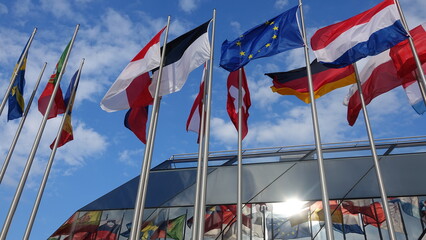 Verschiedene Flaggen der EU wehen im Wind