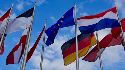 Verschiedene Flaggen der EU wehen im Wind