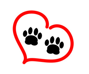 Dog footprint and heart on a white background. Symbol. Vector illustration.