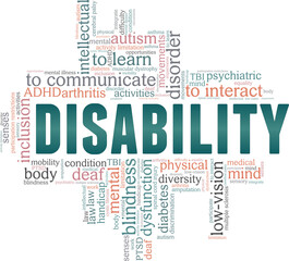 Disability vector illustration word cloud isolated on a white background.