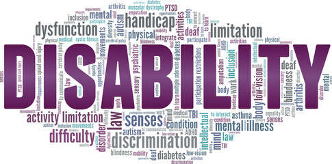 Disability vector illustration word cloud isolated on a white background.