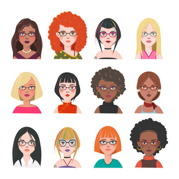 Set of Women Avatars. Twelve Characters from Different Subcultures and Social Strata. Beautiful Women with Glasses. Diversity of Cultures. Vector Illustration.