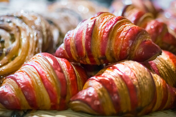 Assortment of freshly baked croissants for sale on counter of shop, market, cafe or bakery. Dessert, pastry, breakfast, sweet food and traditional french cuisine concept