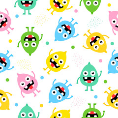 Obraz na płótnie Canvas Seamless pattern cartoon cute monsters background. Halloween design vector illustration isolated on white background