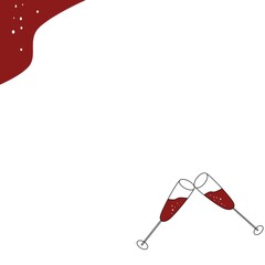 Background design e card with clinking glasses at the corner. They have bubbly champagne in long glasses. Other corner has a fill of color. All on white.