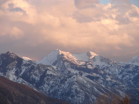 Bell's Canyon, Wasatch Mountains, Salt Lake City, Utah, Snowy Mountains With Alpenglow