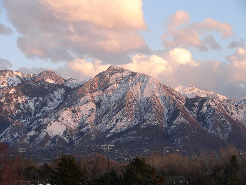 Mount Olympus, Salt Lake City, Utah, with snow and clouds
