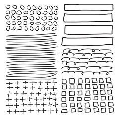 Set of grunge vector shapes. Abstract painted brush strokes, frames. Design elements. Vector illustration