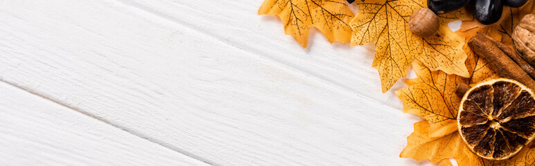 top view of autumnal decoration on white wooden background, panoramic shot