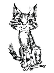 cartoon of a cat that holds a fish with its paw and is angry, hand-drawn hatched drawing, sketch,