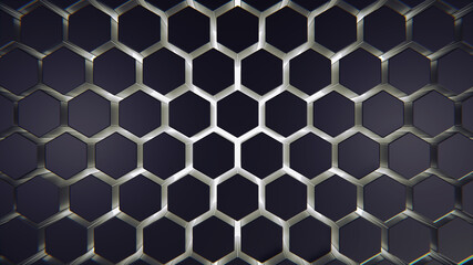 Glow Abstract blue of futuristic surface hexagon pattern with light rays. 3D Rendering