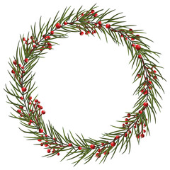 Christmas wreath with berries, pine branches,cones. Floral illustration for design, print, background. Eps 10