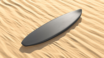 Blank black surfboard lying on sand mockup, side view