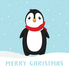 Penguin Cartoon, Cute Penguin, Penguin in Snow Vector Illustration Icon Background

