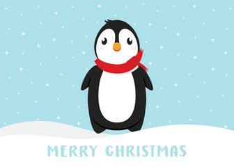 Penguin Cartoon, Cute Penguin, Penguin in Snow, Merry Christmas Greeting Card, Vector Illustration Icon Background
