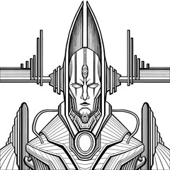 Mechanic character close-up, giant cyborg or robot alien, soldier in armor with elongated head, broad shoulders, in helmet with horns and wires with reactor in the chest, pipe connected, no background