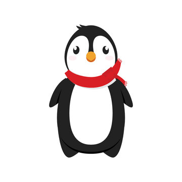 Penguin Cartoon, Cute Penguin, Penguin in Snow Vector Illustration Icon Background
