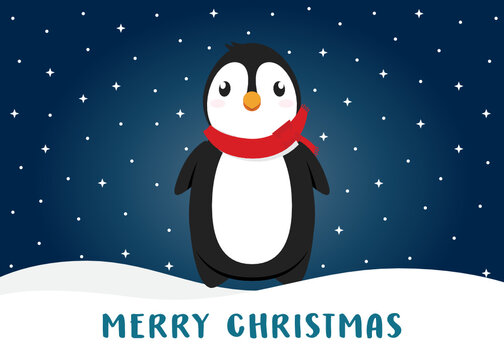 Penguin Cartoon, Cute Penguin, Penguin in Snow, Merry Christmas Greeting Card, Vector Illustration Icon Background
