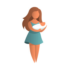 Young beautiful mother stands with a nursing baby. Cute character. Vector isolated illustration about family and mother's love.