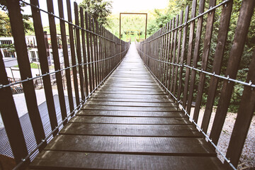 Wooden Suspension Bridge, Pedestrian Hanging Footbridge, Summer Day