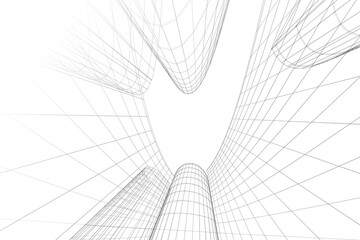 Abstract architectural background. Linear 3D illustration. Concept sketch