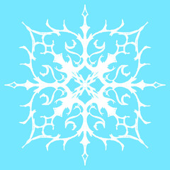 Snowflake icon vector background in blue. Winter blue Christmas snowflake Crystal element. Illustration of the weather collection of ice. Christmas frost flat isolated silhouette symbol