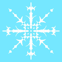 Snowflake icon vector background in blue. Winter blue Christmas snowflake Crystal element. Illustration of the weather collection of ice. Christmas frost flat isolated silhouette symbol