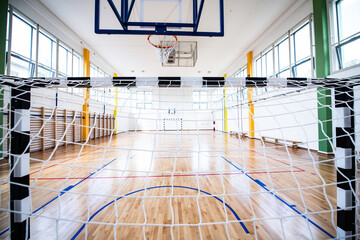 Empty european gym class for school sports for football, basketball and handball