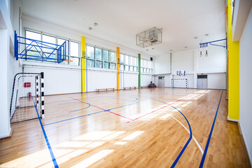 Empty european gym class for school sports for football, basketball and handball