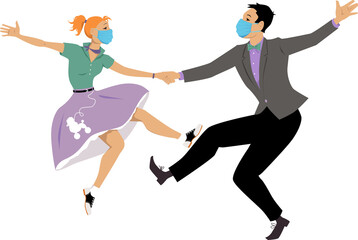Obraz na płótnie Canvas Couple dressed in fifties fashion dancing rock and roll wearing face masks, EPS 8 vector illustration