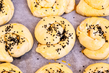 Traditional Turkish Homemade Pastries ready to cook on paper of oven.