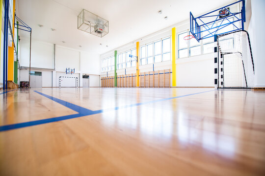 Empty european gym class for school sports for football, basketball and handball