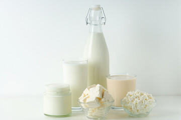 Different milk products: milk, cheese and yoghurt