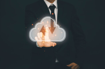 Businessman press cloud icon network and line control in graph Screen Icon of a media screen, Cloud...