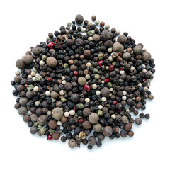 A handful of different types of pepper close-up isolated on a white background. Pepper mix. Assorted Pepper Peas.