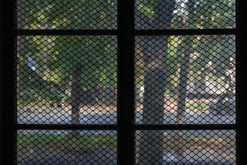 View of an abstract blurred urban landscape through a dirty window with a metal grid
