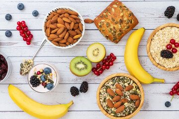 Group Fruits Breakfast with bread Whole grains and nuts, yogurt mix with Cherry , banana, avocado in the wooden table. Breakfast for Health and Diet concept