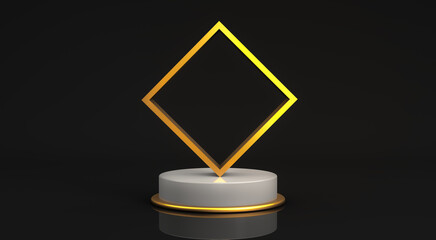 3d rendering, Realistic mock up of abstract gold pedestal and square frame, blank empty space for your copy or product presentation, shiny reflection texture, darkness color background.