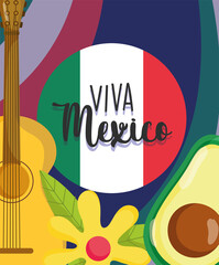 mexican independence day, flag guitar avocado flowers decoration card, viva mexico is celebrated on september