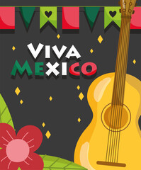 mexican independence day, guitar flowers and pennants decoration, viva mexico is celebrated on september