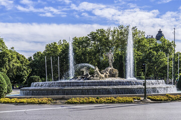 Fountain of Neptune (Fuente de Neptuno, 1784) at Canovas del Castillo Square - one of most beautiful and majestic white marble neo-classical fountains in Madrid, Spain. It is depicts sea-god Neptune.