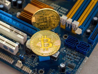 Gold bitcoin coin on board microcircuit.