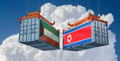 Freight containers with North Korea and Kuwait flag. 3D Rendering 