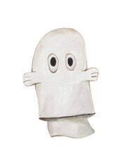 Cute watercolor halloween ghost. In a suit of a ghost from a sheet. For all saints' day product design.