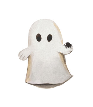 Cute watercolor halloween ghost. he holds a black spider in his hand. For all saints' day product design.