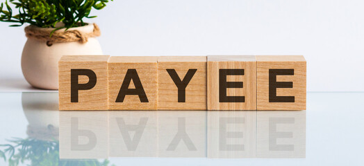 The word PAYEE on white pattern backdrop. Mirror image of the inscription on the surface.