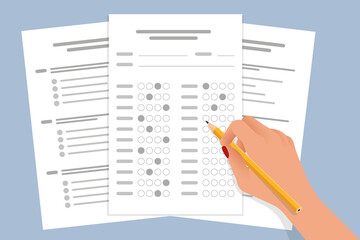 The student filling out answers to exam test answer sheet with a pencil. School and Education. Test score sheet with answers - obrazy, fototapety, plakaty